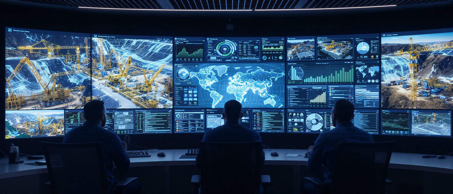 High-tech industrial control room with African engineers analyzing real-time IoT dashboards, predictive analytics, and digital operational systems supporting mining, logistics, and construction.